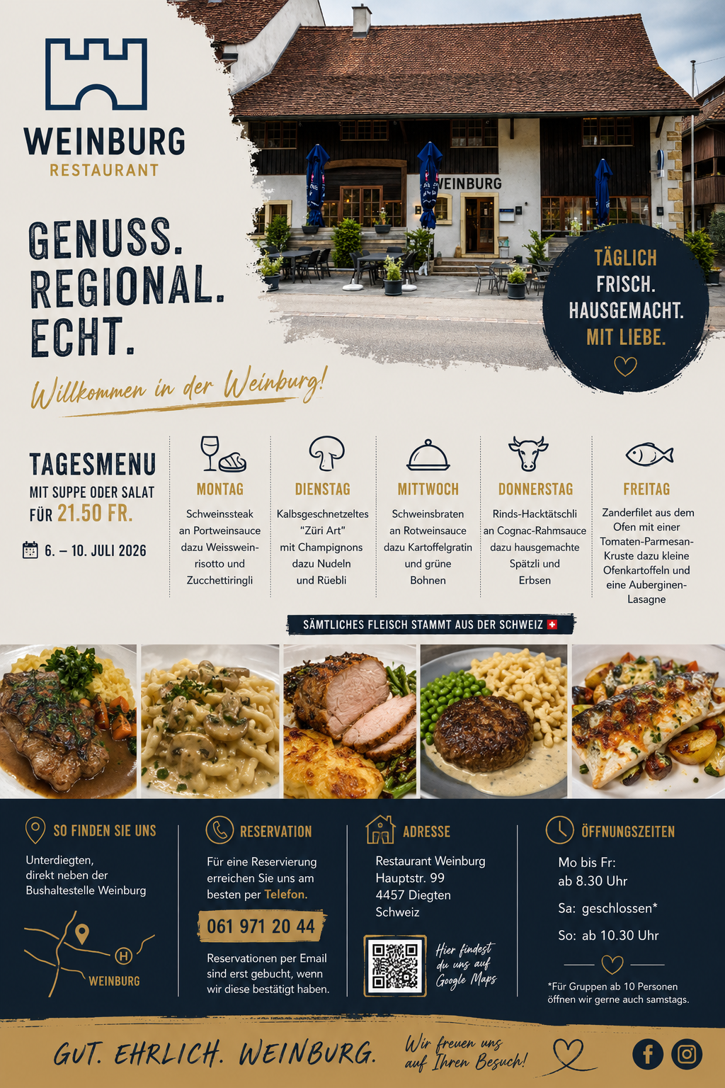 Weinburg Restaurant Flyer mit Tagesmenu, Kontakt, Adresse und Öffnungszeiten